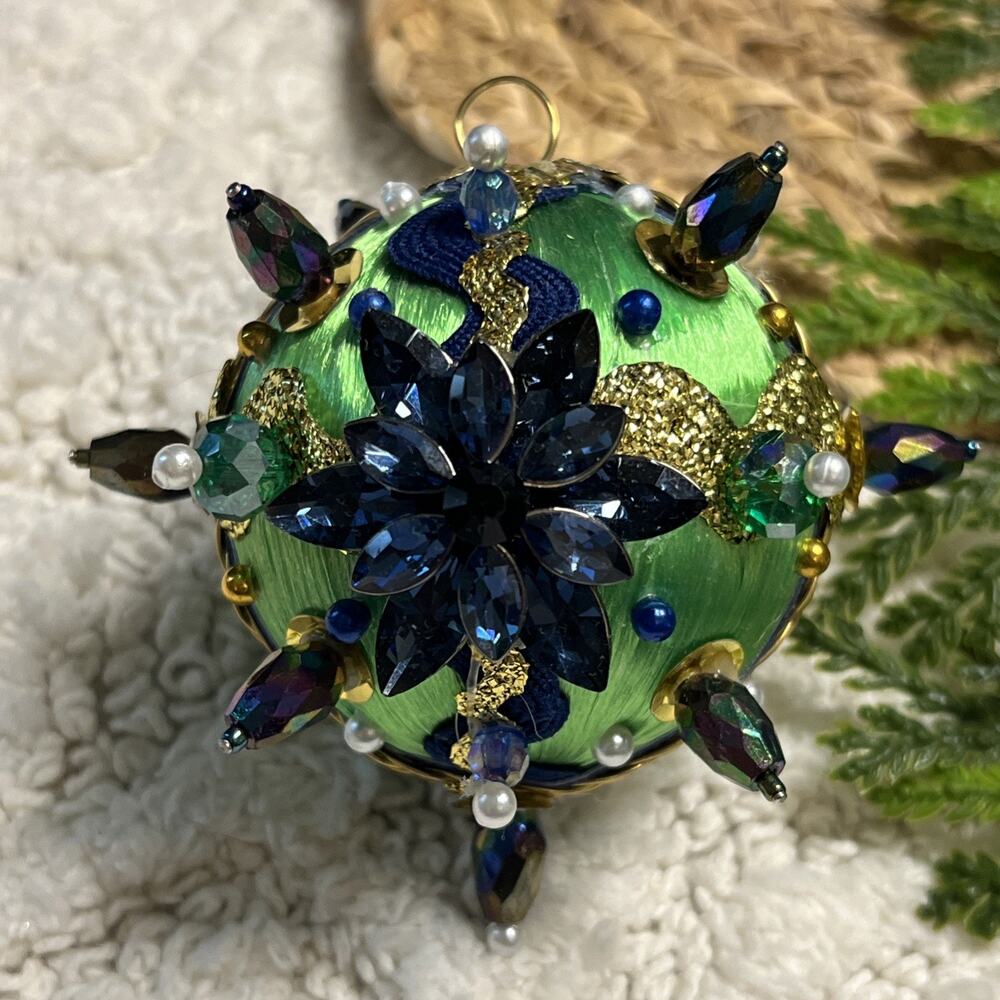Beaded Sequins Push Pin Satin Thread Ball Christmas Ornament Vintage Style Beads